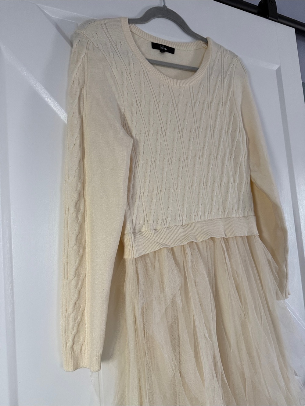 Lulu's Cream Cable Knit Top with Layered Tulle Maxi Skirt Dress - Picture 7 of 10